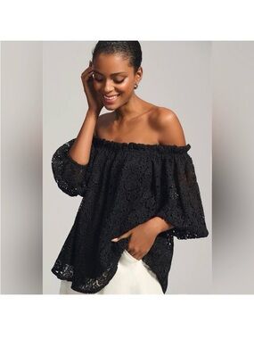 Anthropologie Maeve Black Off-The-Shoulder Crochet Lace Top Blouse Women S NWT